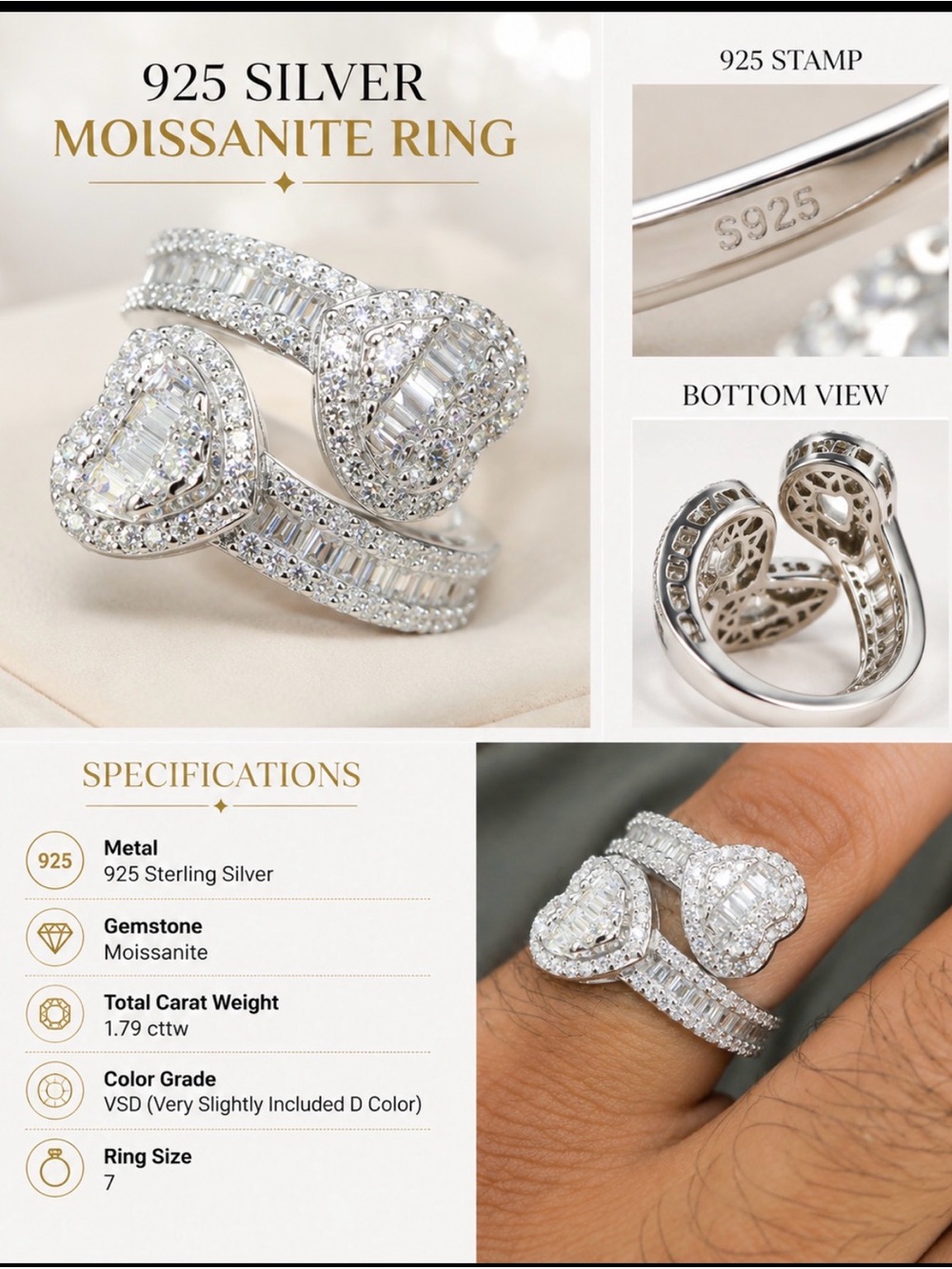 925 Sterling Silver Moissanite Wrap Ring - White
